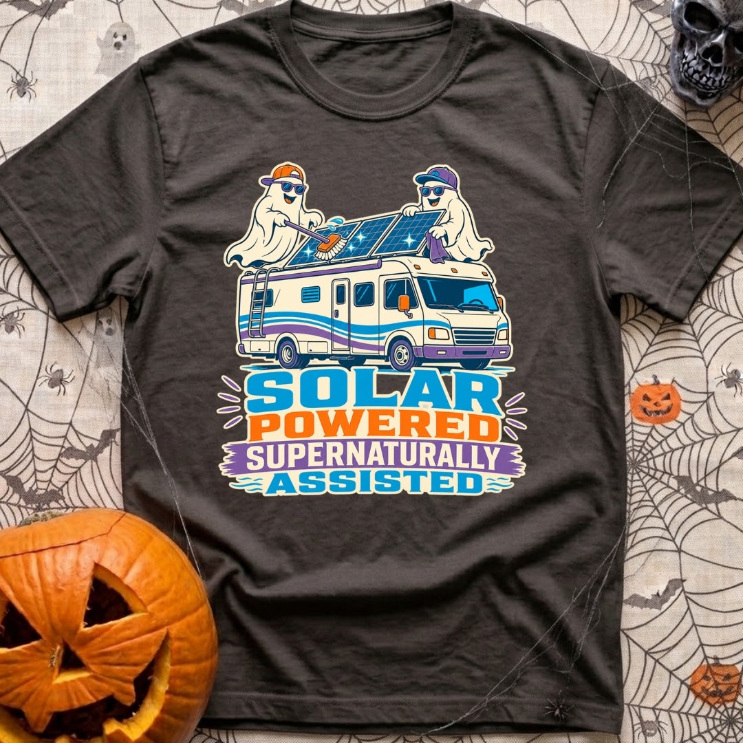 Supernaturally Solar Powered - T-Shirt in Graphite - A cartoon illustration of two ghosts wearing sunglasses and baseball...