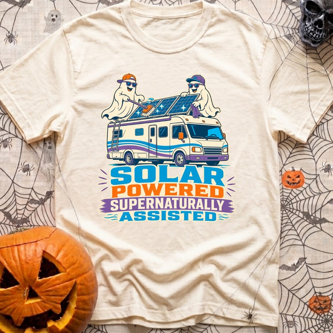 Supernaturally Solar Powered - T-Shirt in Ivory - A cartoon illustration of two ghosts wearing sunglasses and baseball...