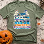 Supernaturally Solar Powered - T-Shirt in Moss - A cartoon illustration of two ghosts wearing sunglasses and baseball...