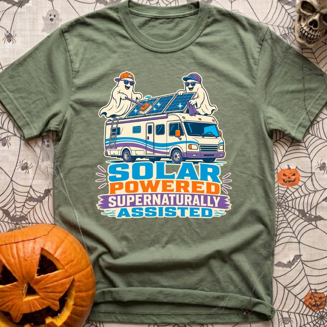 Supernaturally Solar Powered - T-Shirt in Moss - A cartoon illustration of two ghosts wearing sunglasses and baseball...