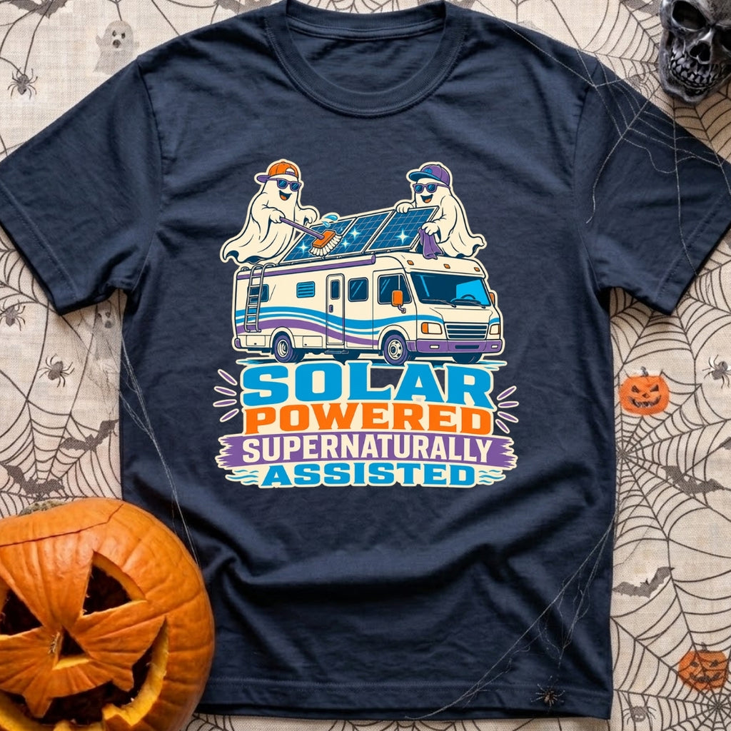Supernaturally Solar Powered - T-Shirt in Navy - A cartoon illustration of two ghosts wearing sunglasses and baseball...