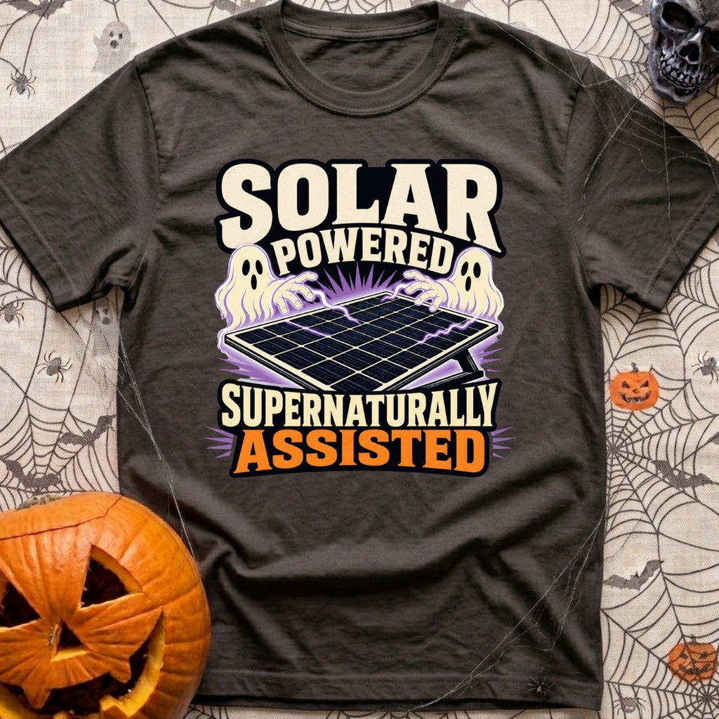 Supernaturally Solar Powered - T-Shirt in Graphite - An illustration of a solar panel on a stand being zapped with purple...