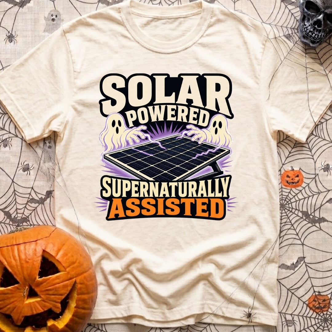 Supernaturally Solar Powered - T-Shirt in Ivory - An illustration of a solar panel on a stand being zapped with purple...