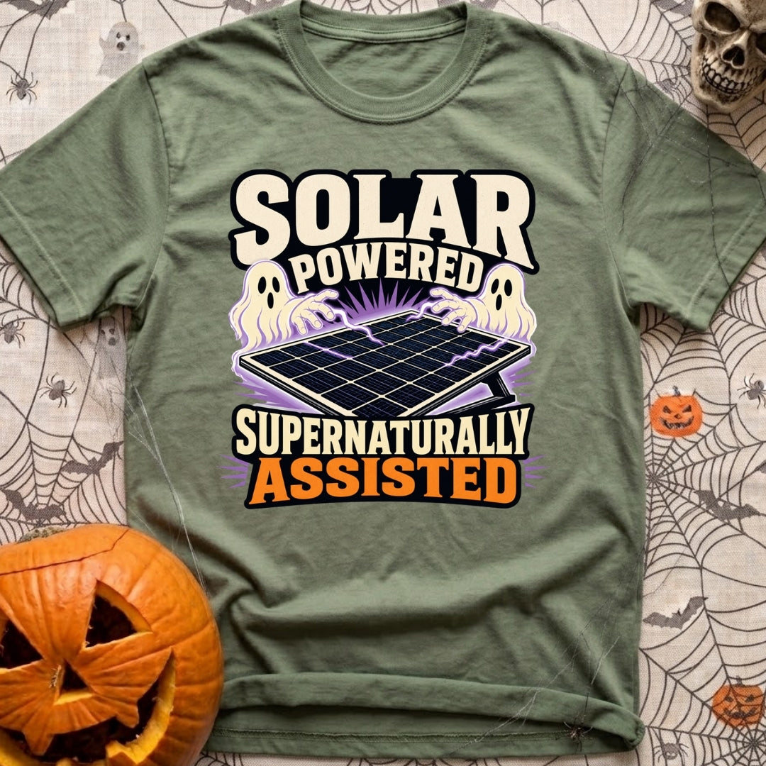 Supernaturally Solar Powered - T-Shirt in Moss - An illustration of a solar panel on a stand being zapped with purple...