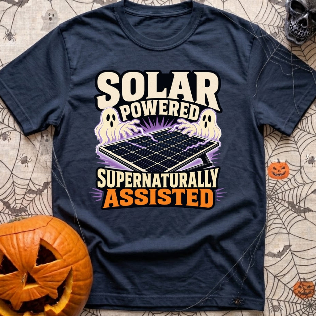 Supernaturally Solar Powered - T-Shirt in Navy - An illustration of a solar panel on a stand being zapped with purple...