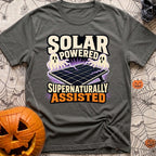 Supernaturally Solar Powered - T-Shirt in Pepper - An illustration of a solar panel on a stand being zapped with purple...
