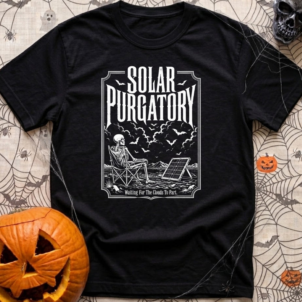 Waiting On A Watt - T-Shirt in Black - A black and white illustration of a skeleton sitting in a folding camp chair in a...