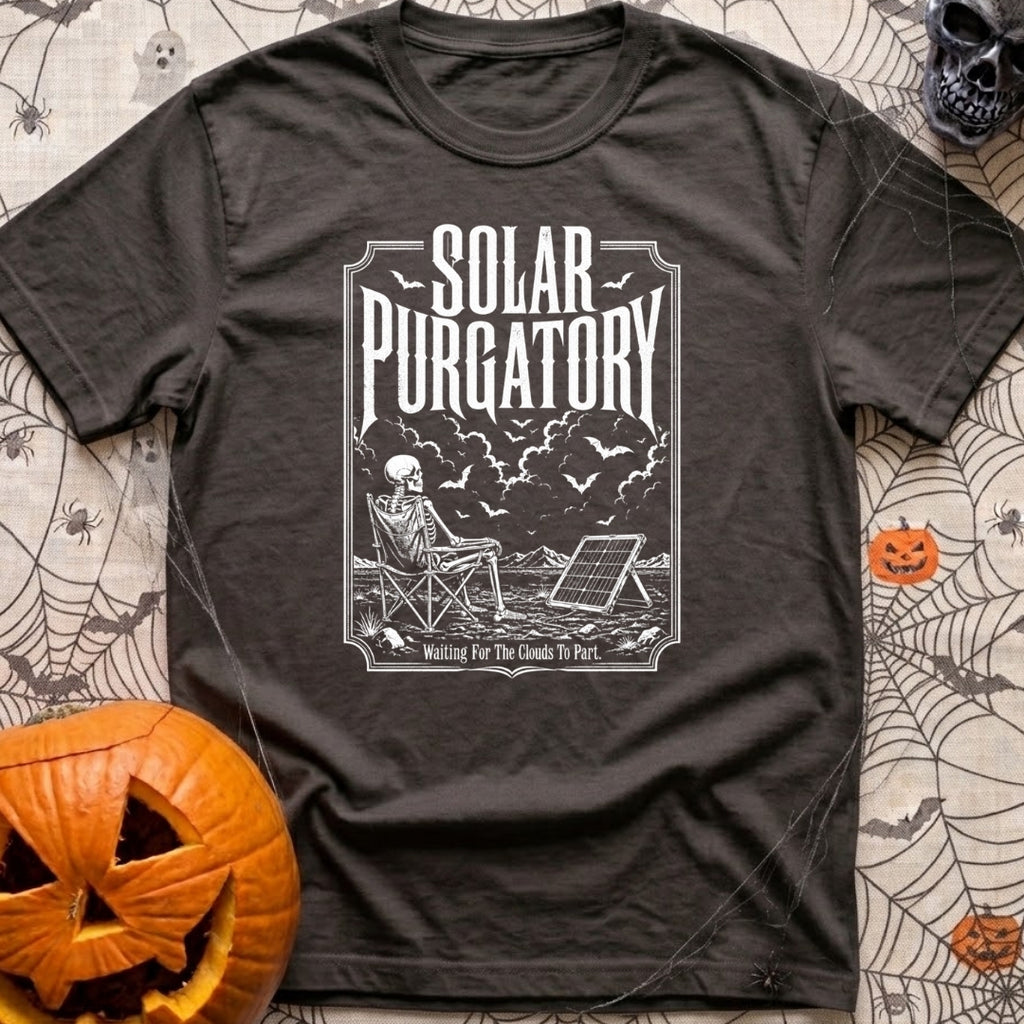 Waiting On A Watt - T-Shirt in Graphite - A black and white illustration of a skeleton sitting in a folding camp chair in...