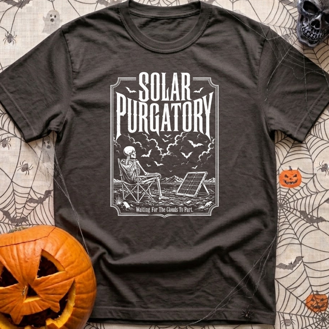 Waiting On A Watt - T-Shirt in Graphite - A black and white illustration of a skeleton sitting in a folding camp chair in...