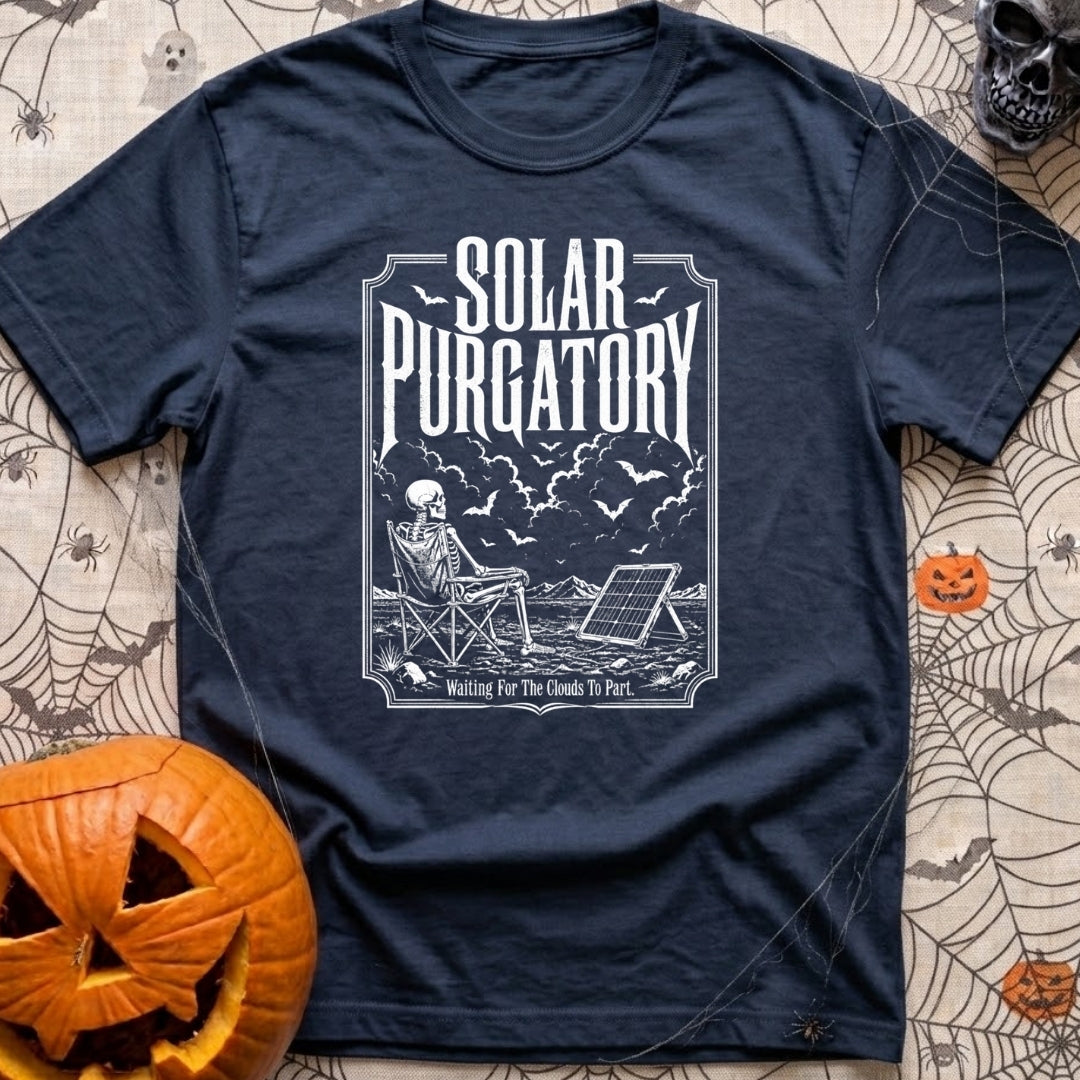 Waiting On A Watt - T-Shirt in Navy - A black and white illustration of a skeleton sitting in a folding camp chair in a...