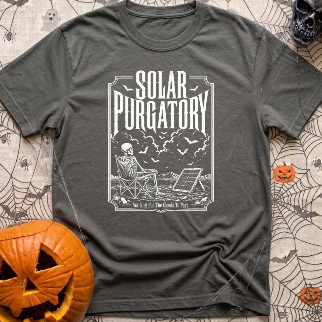 Waiting On A Watt - T-Shirt in Pepper - A black and white illustration of a skeleton sitting in a folding camp chair in a...