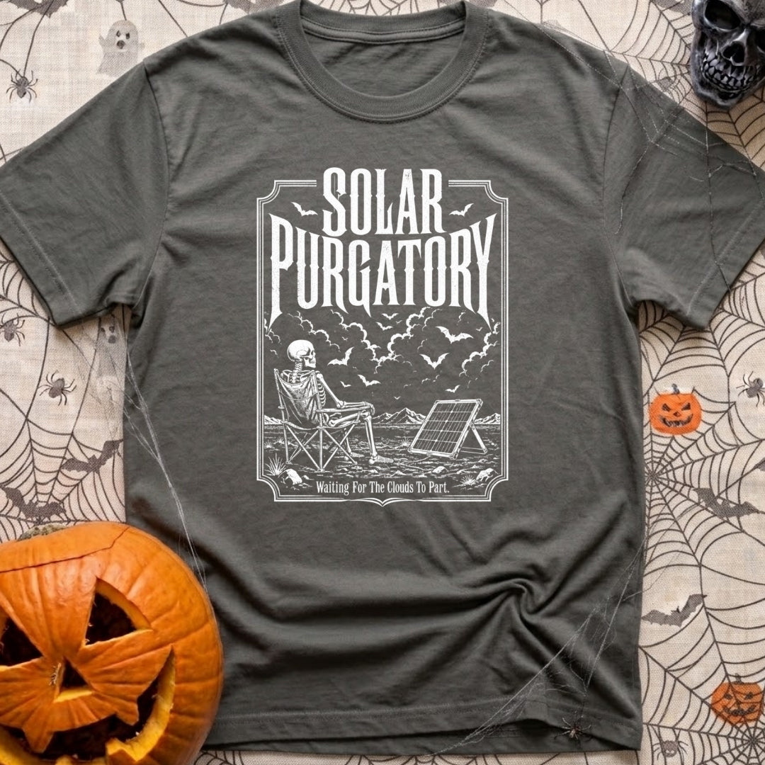 Waiting On A Watt - T-Shirt in Pepper - A black and white illustration of a skeleton sitting in a folding camp chair in a...