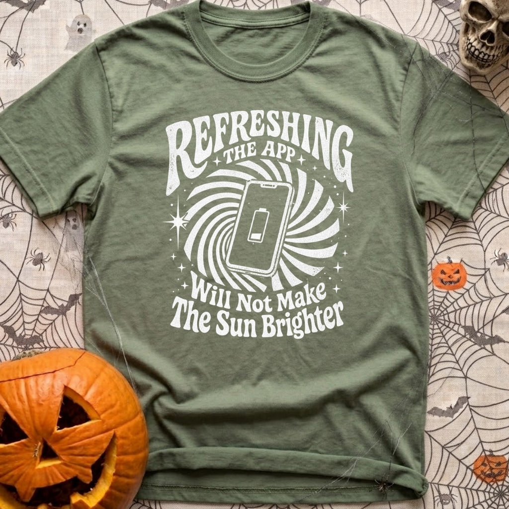 Solar Power Nap - T-Shirt in Moss - A white graphic featuring a smartphone displaying a battery icon in the center of a...