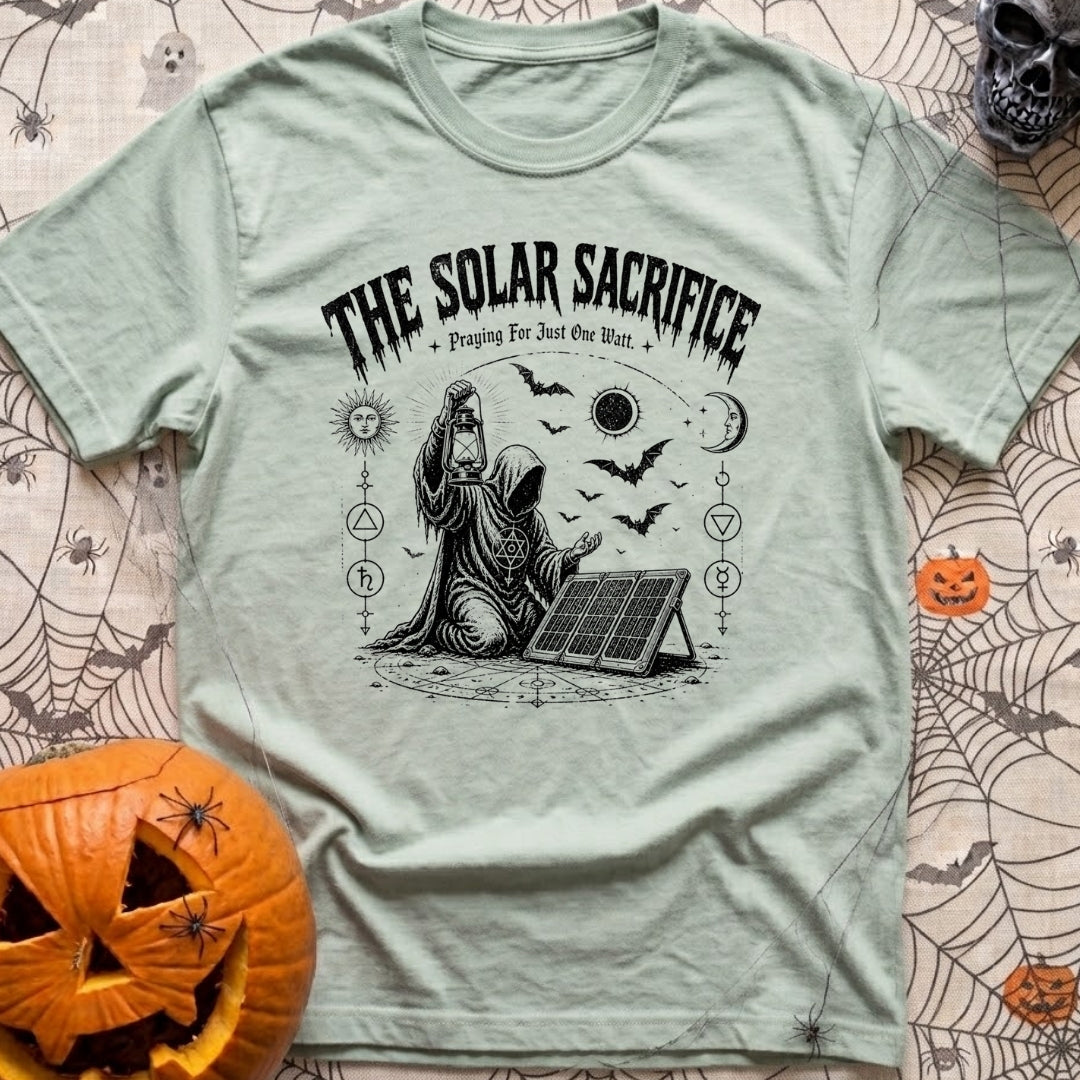 Praise The Solar Gods - T-Shirt in Bay - A black and white illustration of a cloaked, hooded figure kneeling in a ritual...