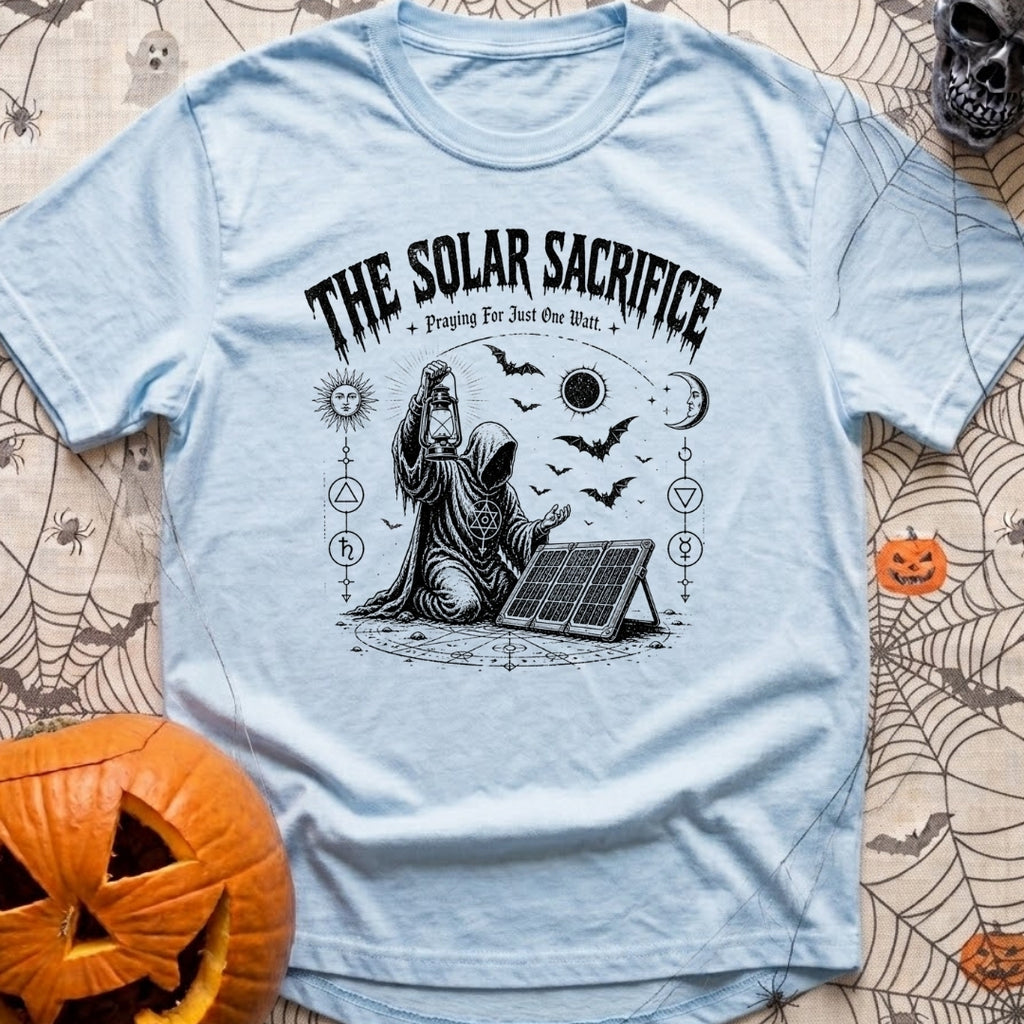 Praise The Solar Gods - T-Shirt in Chambray - A black and white illustration of a cloaked, hooded figure kneeling in a...