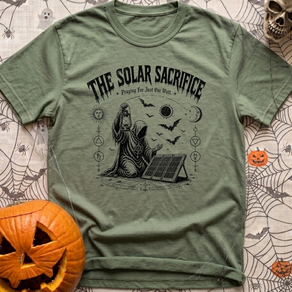 Praise The Solar Gods - T-Shirt in Moss - A black and white illustration of a cloaked, hooded figure kneeling in a ritual...