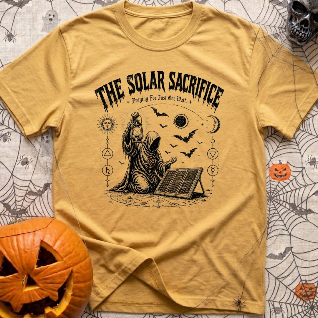Praise The Solar Gods - T-Shirt in Mustard - A black and white illustration of a cloaked, hooded figure kneeling in a...