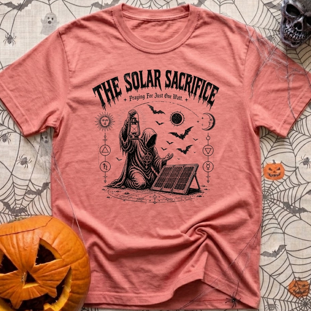 Praise The Solar Gods - T-Shirt in Watermelon - A black and white illustration of a cloaked, hooded figure kneeling in a...