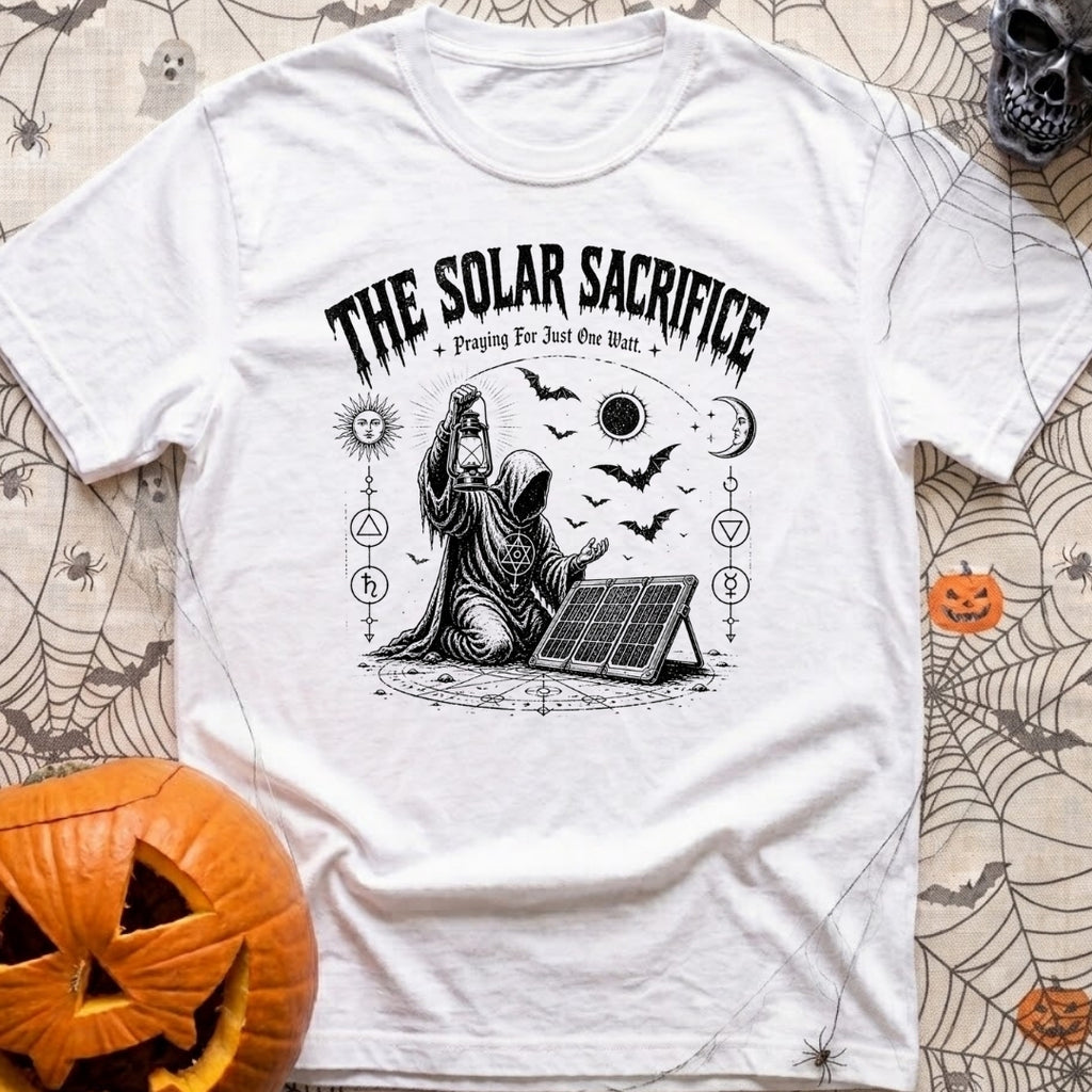 Praise The Solar Gods - T-Shirt in White - A black and white illustration of a cloaked, hooded figure kneeling in a...