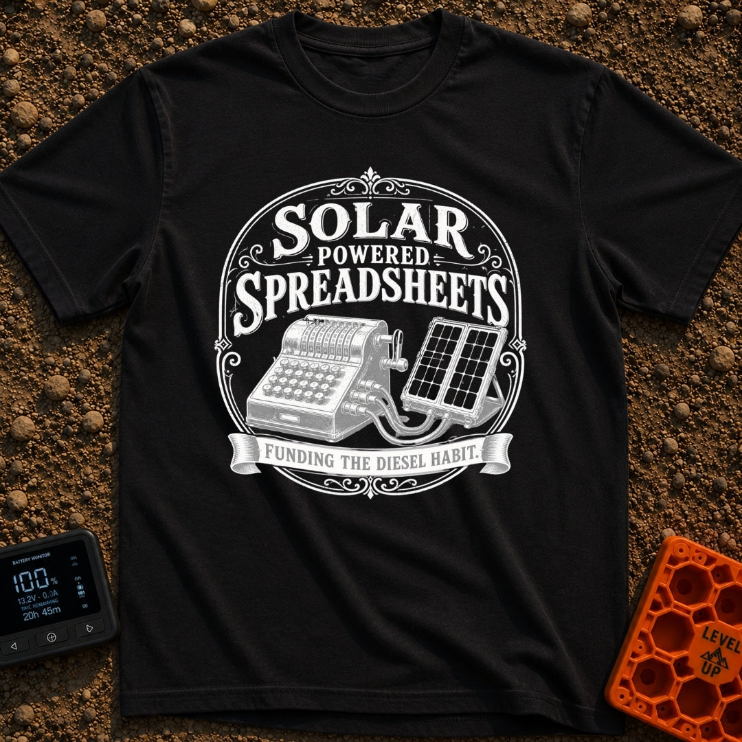 Solar Powered Pivot Tables - T-Shirt in Black - A vintage mechanical adding machine is shown wired directly to a portable...