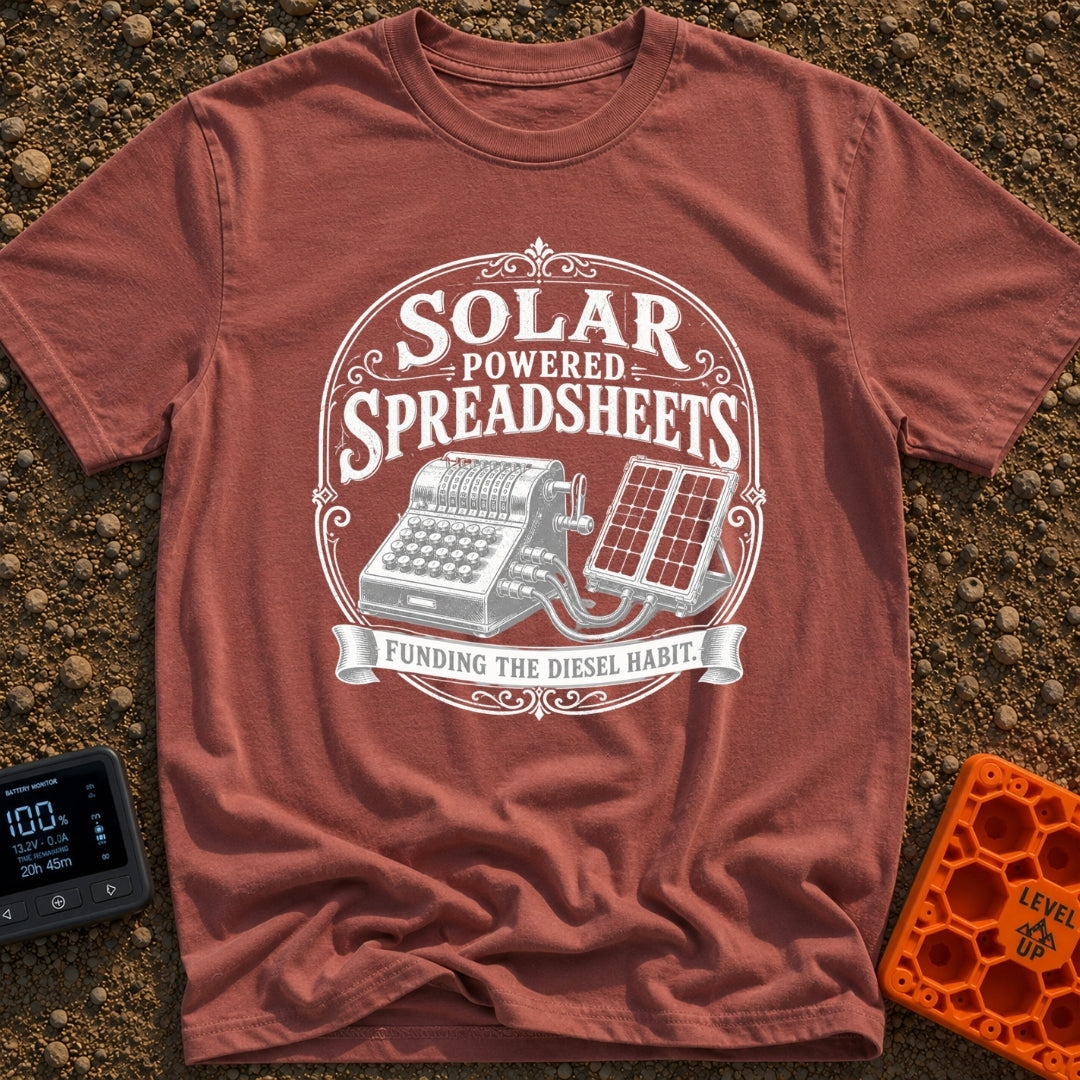 Solar Powered Pivot Tables - T-Shirt in Brick - A vintage mechanical adding machine is shown wired directly to a portable...