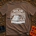 Solar Powered Pivot Tables - T-Shirt in Espresso - A vintage mechanical adding machine is shown wired directly to a...