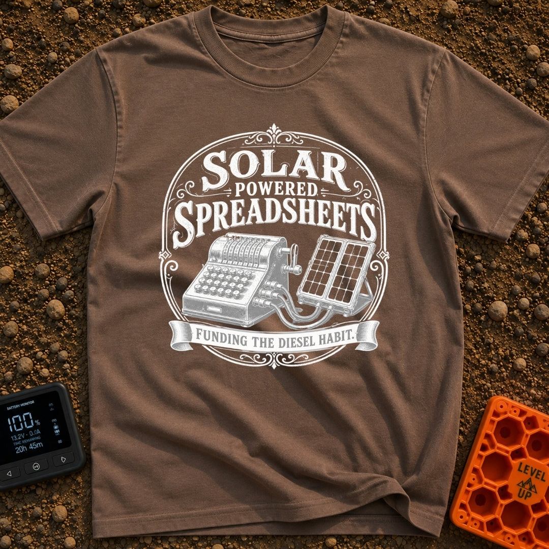 Solar Powered Pivot Tables - T-Shirt in Espresso - A vintage mechanical adding machine is shown wired directly to a...