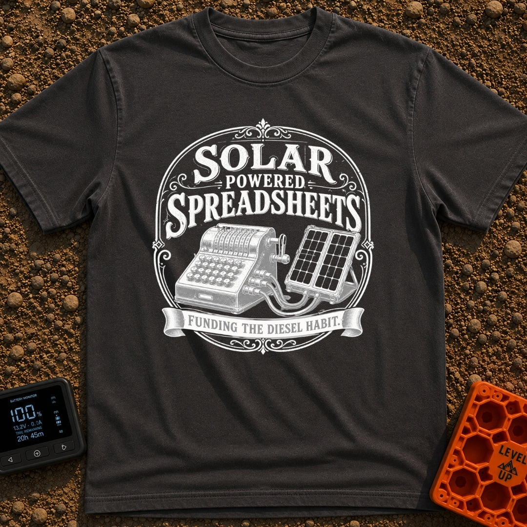 Solar Powered Pivot Tables - T-Shirt in Graphite - A vintage mechanical adding machine is shown wired directly to a...