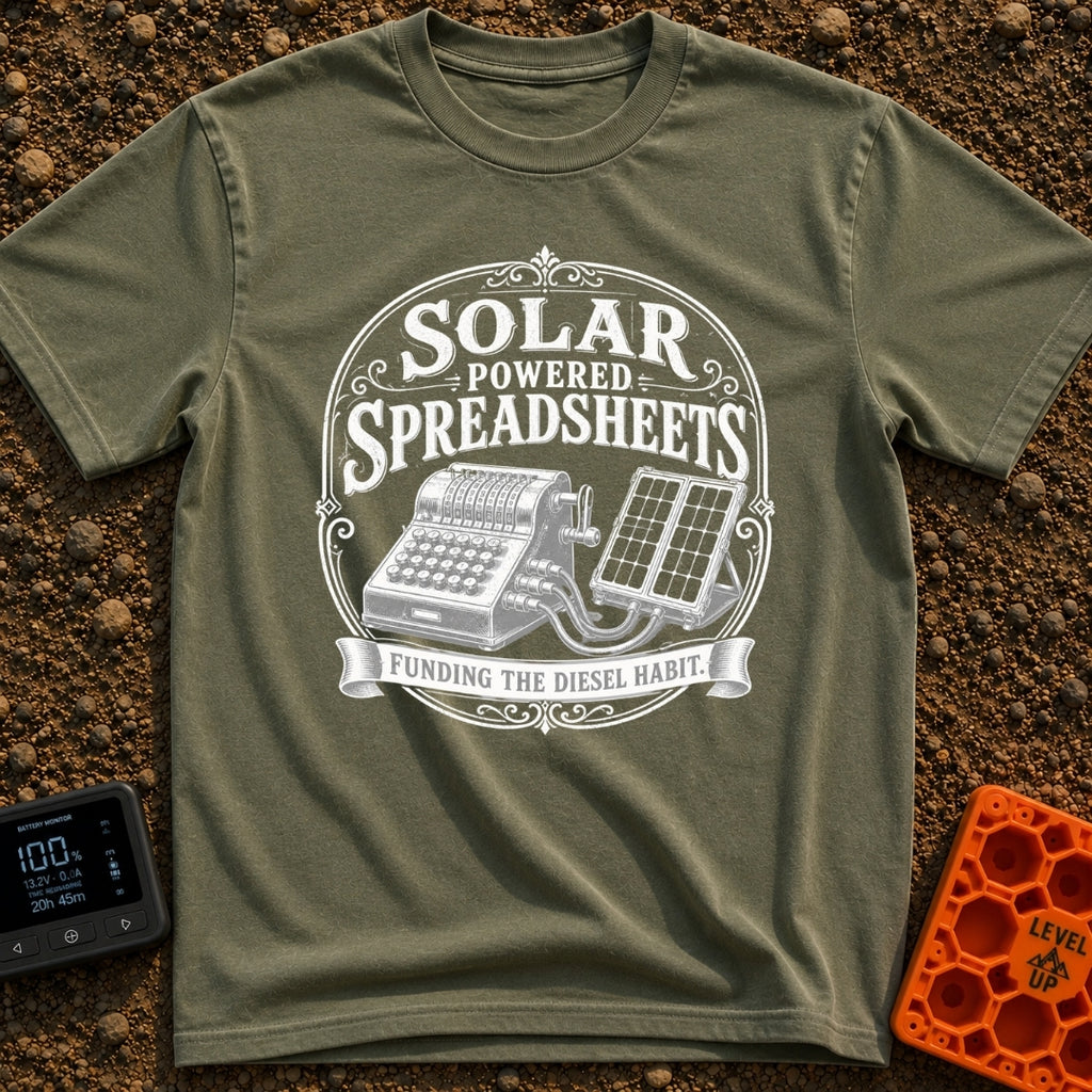 Solar Powered Pivot Tables - T-Shirt in Moss - A vintage mechanical adding machine is shown wired directly to a portable...