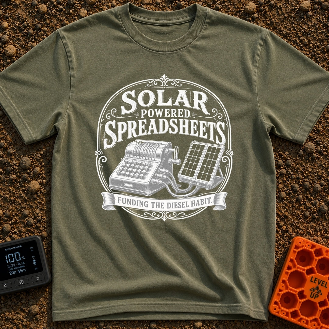 Solar Powered Pivot Tables - T-Shirt in Moss - A vintage mechanical adding machine is shown wired directly to a portable...