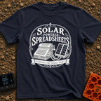 Solar Powered Pivot Tables - T-Shirt in Navy - A vintage mechanical adding machine is shown wired directly to a portable...