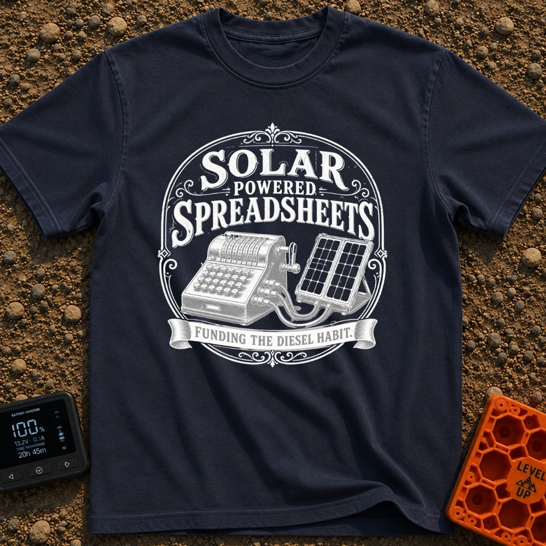 Solar Powered Pivot Tables - T-Shirt in Navy - A vintage mechanical adding machine is shown wired directly to a portable...