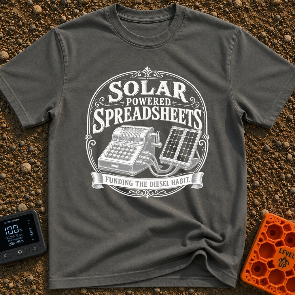 Solar Powered Pivot Tables - T-Shirt in Pepper - A vintage mechanical adding machine is shown wired directly to a...