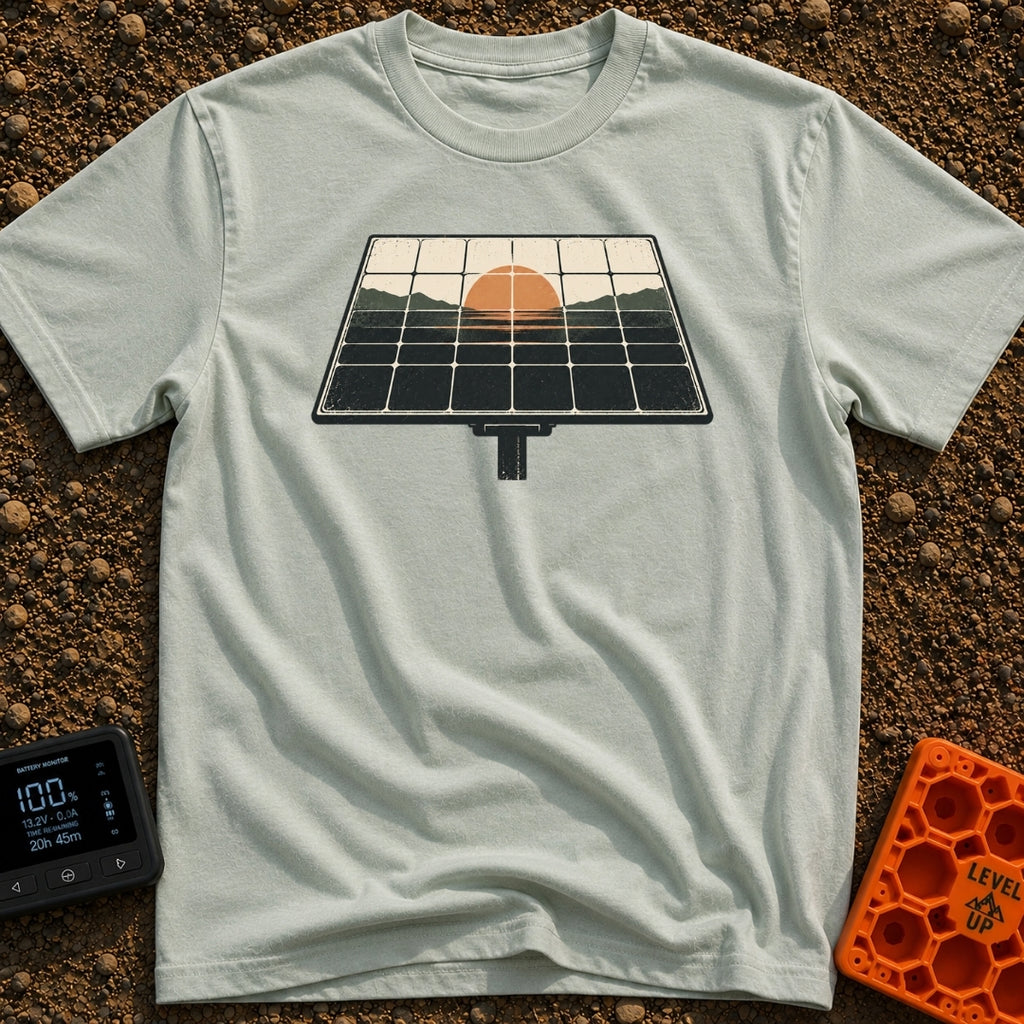 Powered By Dawn - T-Shirt in Bay - A vintage-style illustration of a pole-mounted solar panel. The grid of the panel...