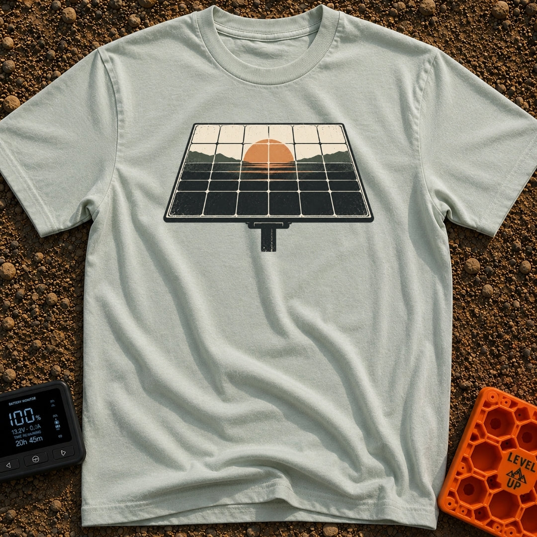 Powered By Dawn - T-Shirt in Bay - A vintage-style illustration of a pole-mounted solar panel. The grid of the panel...