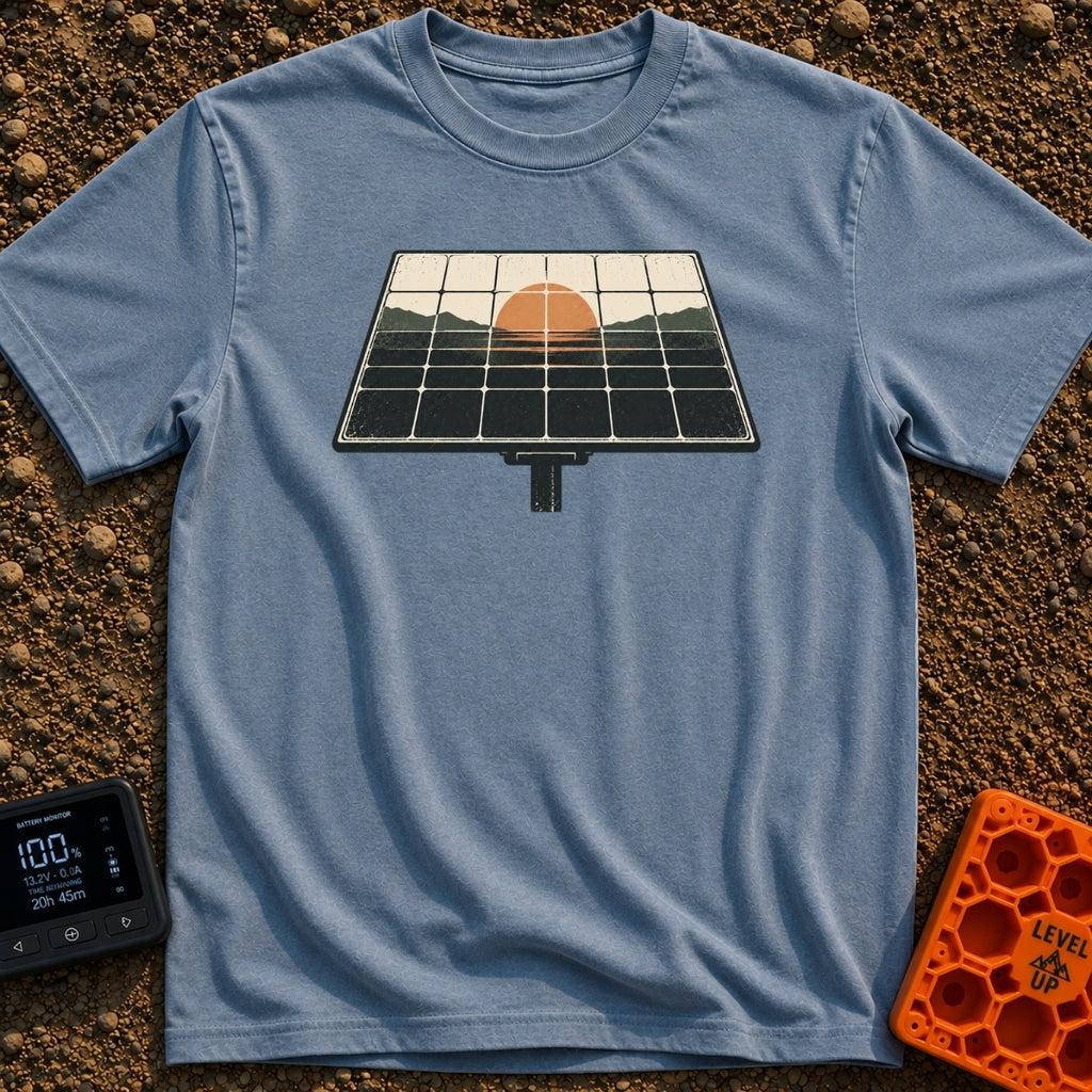 Powered By Dawn - T-Shirt in Blue Jean - A vintage-style illustration of a pole-mounted solar panel. The grid of the...