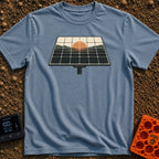 Powered By Dawn - T-Shirt in Blue Jean - A vintage-style illustration of a pole-mounted solar panel. The grid of the...