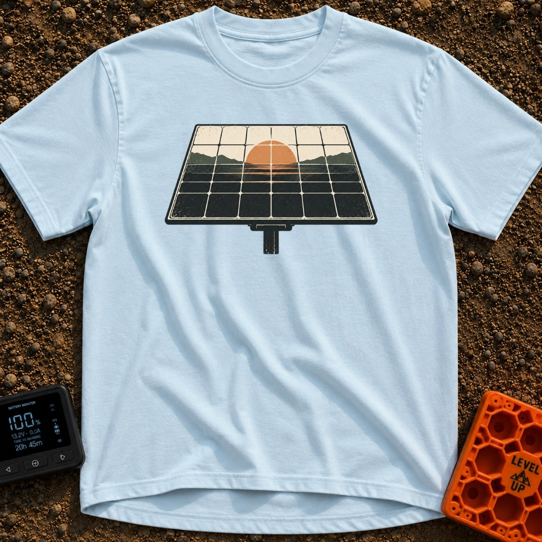 Powered By Dawn - T-Shirt in Chambray - A vintage-style illustration of a pole-mounted solar panel. The grid of the panel...