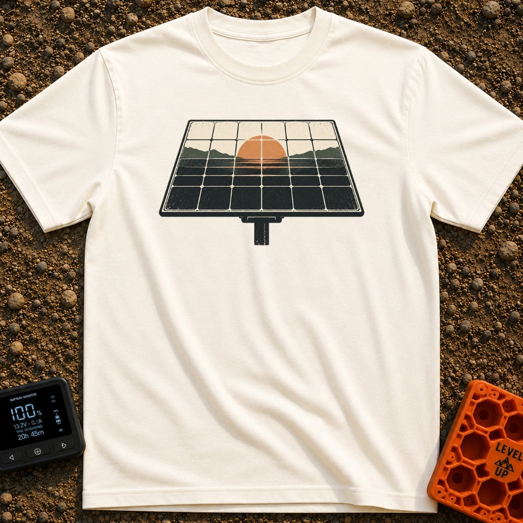 Powered By Dawn - T-Shirt in Ivory - A vintage-style illustration of a pole-mounted solar panel. The grid of the panel...