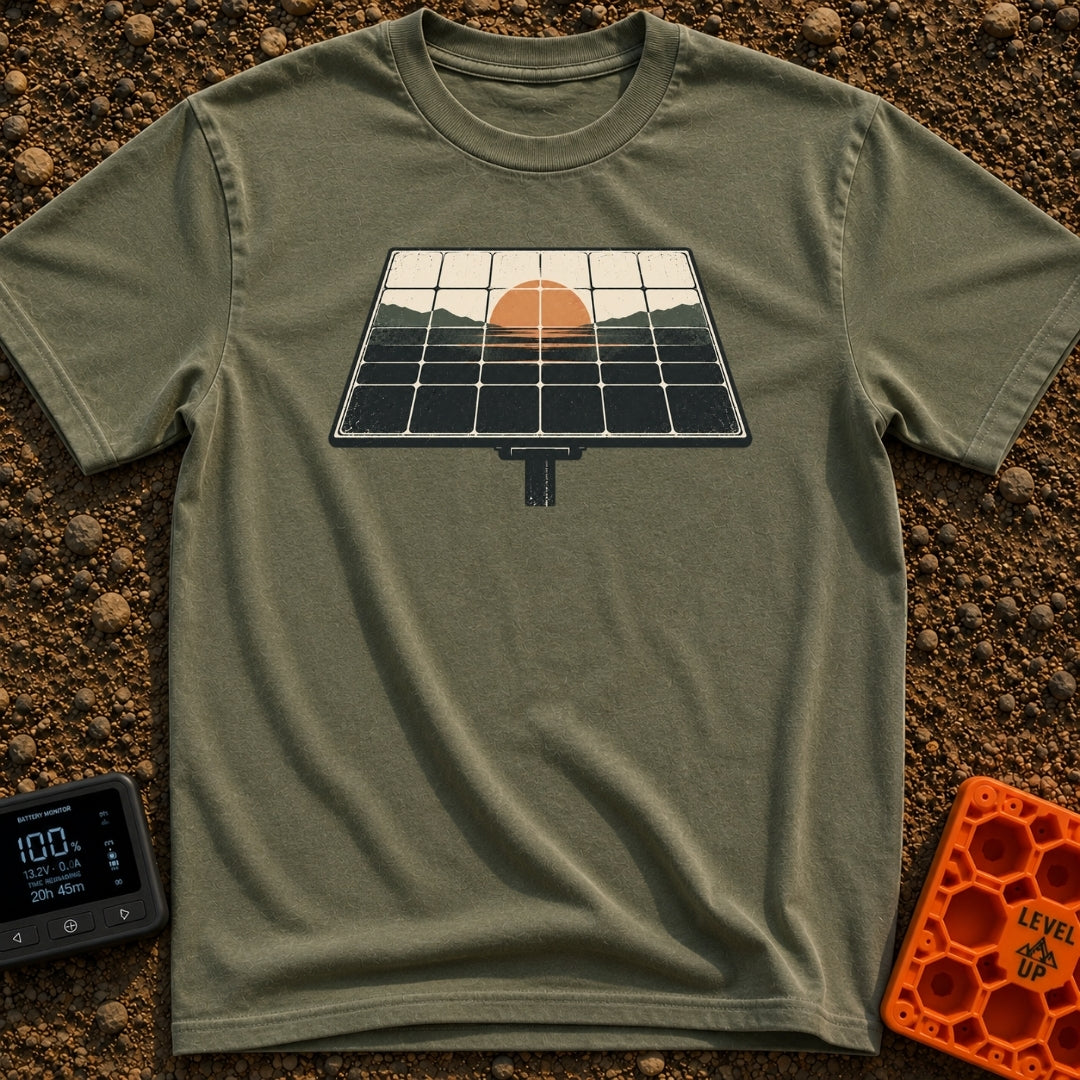 Powered By Dawn - T-Shirt in Moss - A vintage-style illustration of a pole-mounted solar panel. The grid of the panel...