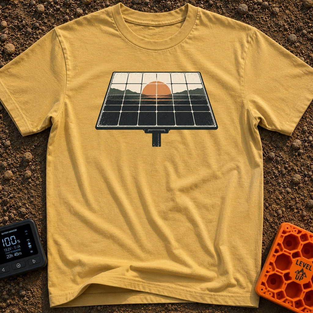 Powered By Dawn - T-Shirt in Mustard - A vintage-style illustration of a pole-mounted solar panel. The grid of the panel...