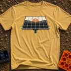 Powered By Dawn - T-Shirt in Mustard - A vintage-style illustration of a pole-mounted solar panel. The grid of the panel...