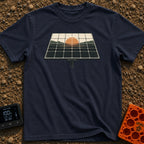 Powered By Dawn - T-Shirt in Navy - A vintage-style illustration of a pole-mounted solar panel. The grid of the panel...