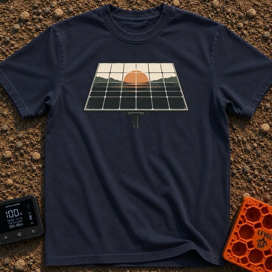 Powered By Dawn - T-Shirt in Navy - A vintage-style illustration of a pole-mounted solar panel. The grid of the panel...
