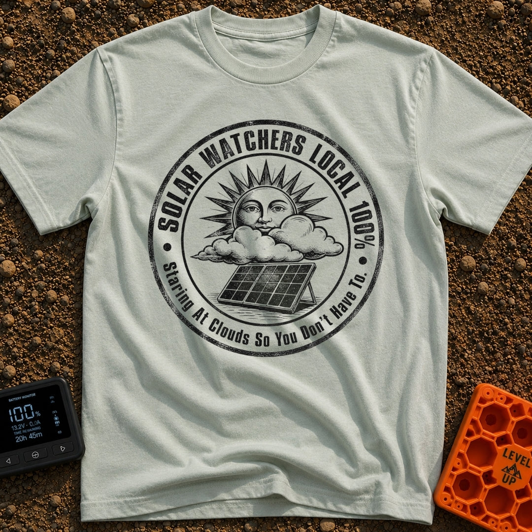 Solar Watchers Union - T-Shirt in Bay - A black-and-white circular badge design featuring a stylized sun with a face...