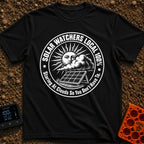 Solar Watchers Union - T-Shirt in Black - A black-and-white circular badge design featuring a stylized sun with a face...