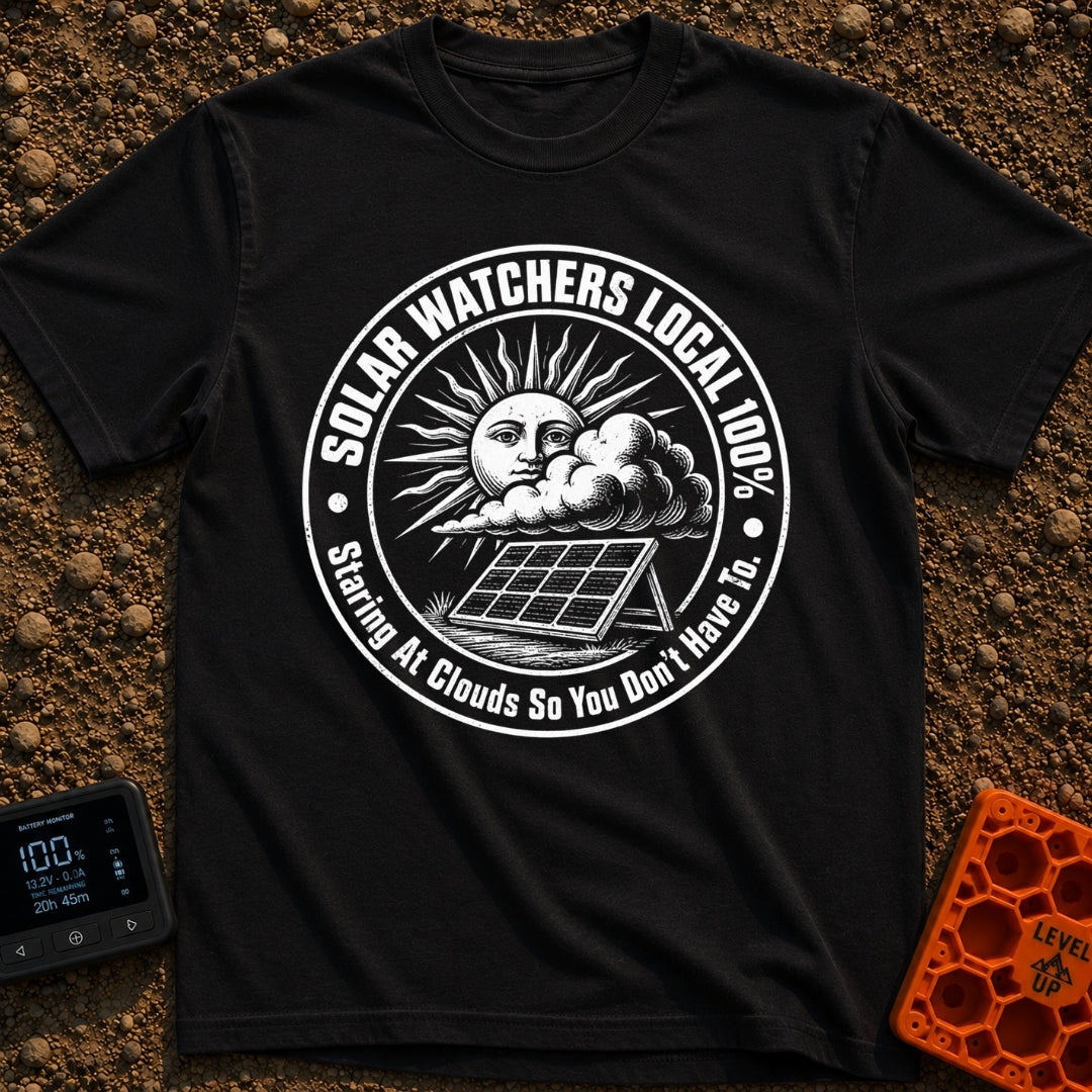 Solar Watchers Union - T-Shirt in Black - A black-and-white circular badge design featuring a stylized sun with a face...