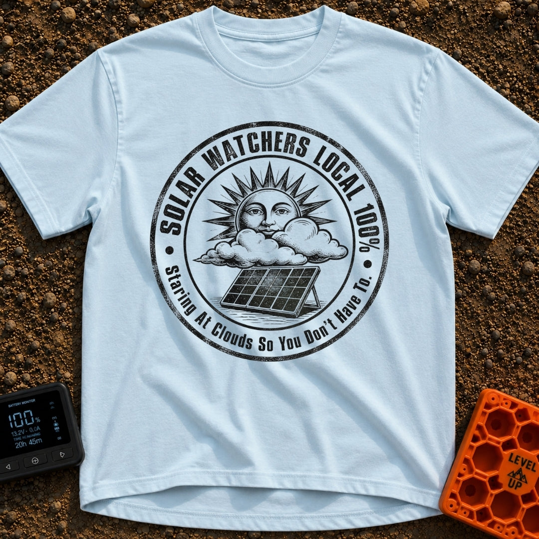Solar Watchers Union - T-Shirt in Chambray - A black-and-white circular badge design featuring a stylized sun with a face...