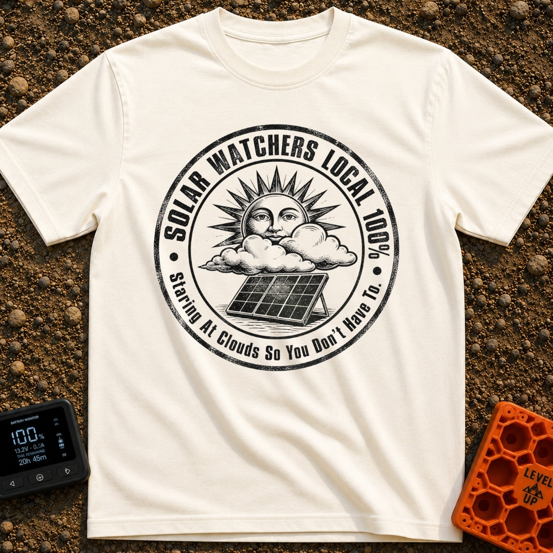Solar Watchers Union - T-Shirt in Ivory - A black-and-white circular badge design featuring a stylized sun with a face...