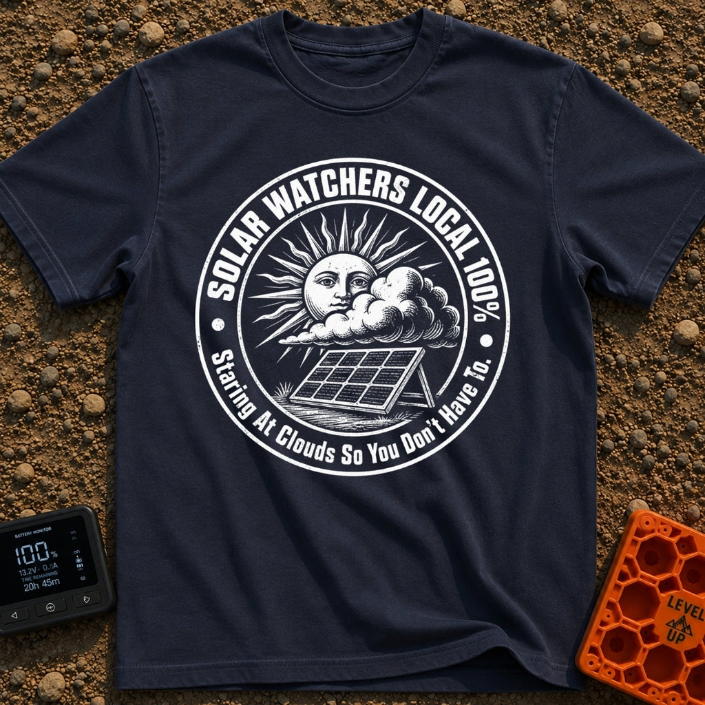 Solar Watchers Union - T-Shirt in Navy - A black-and-white circular badge design featuring a stylized sun with a face...